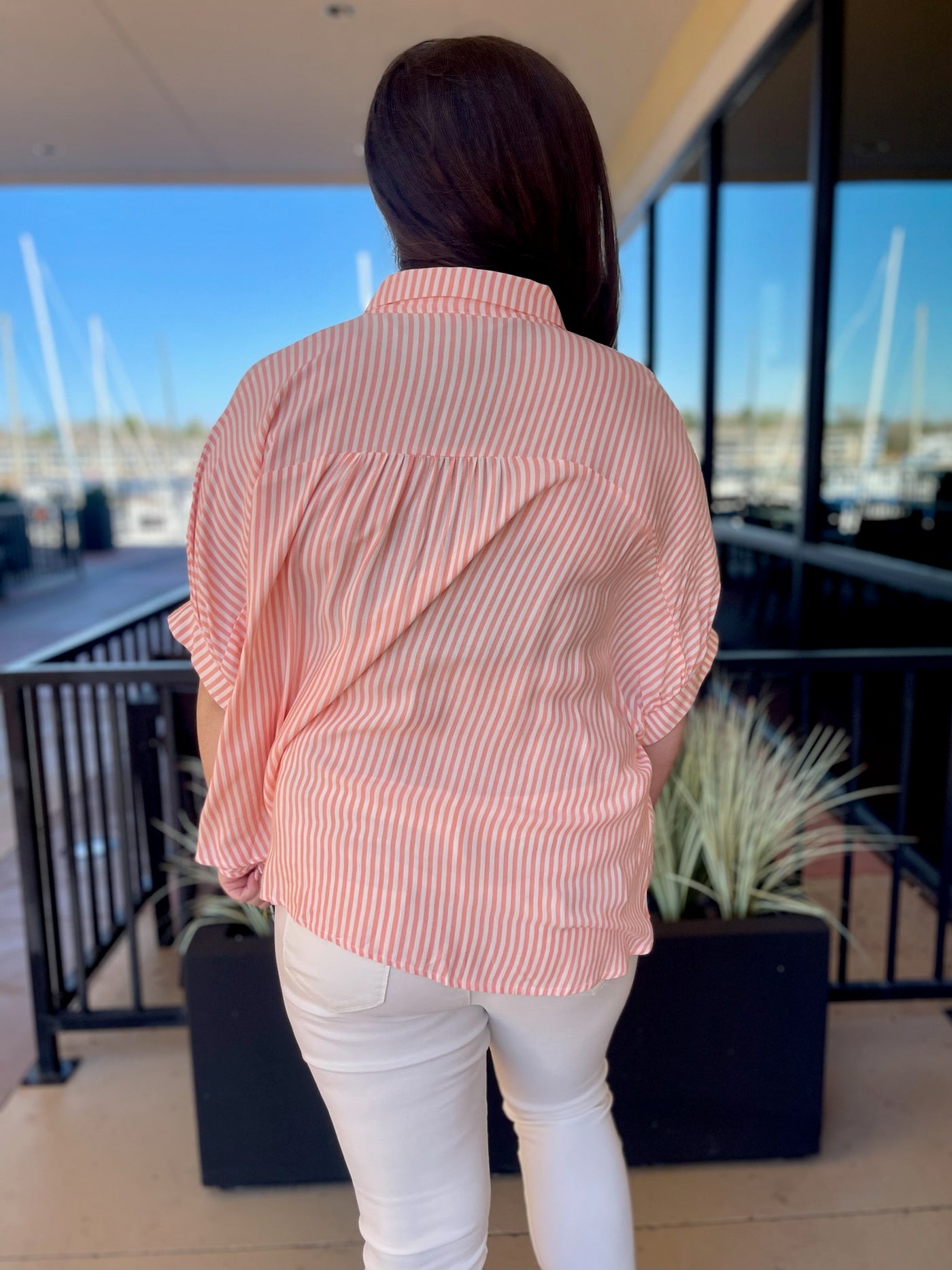KORT IN CORAL CHEYANNE STRIPED BUTTON UP SHIRT BACK VIEW