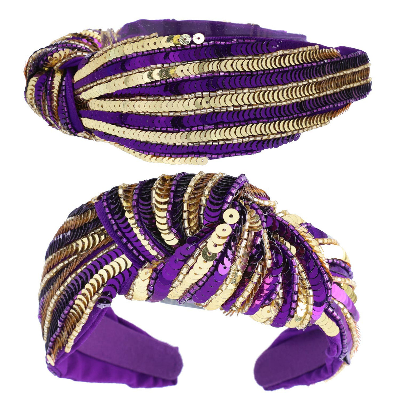 TEAM STRIPES SEQUIN EMBELLISHED KNOTTED HEADBAND - PURPLE AND GOLD