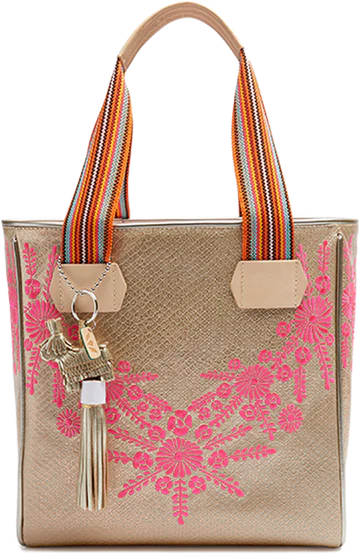 front view of pink embroidered bag