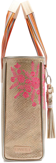 side view gold bag with pink embroidery