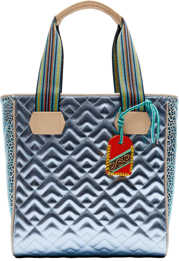 metallic blue quilted bag