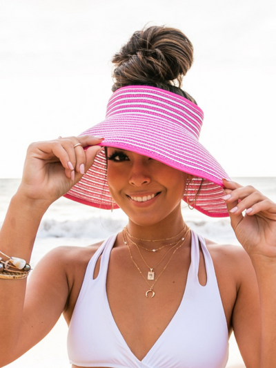 BIANCA STRIPE FOLDABLE HAT PINK FRONT VIEW
