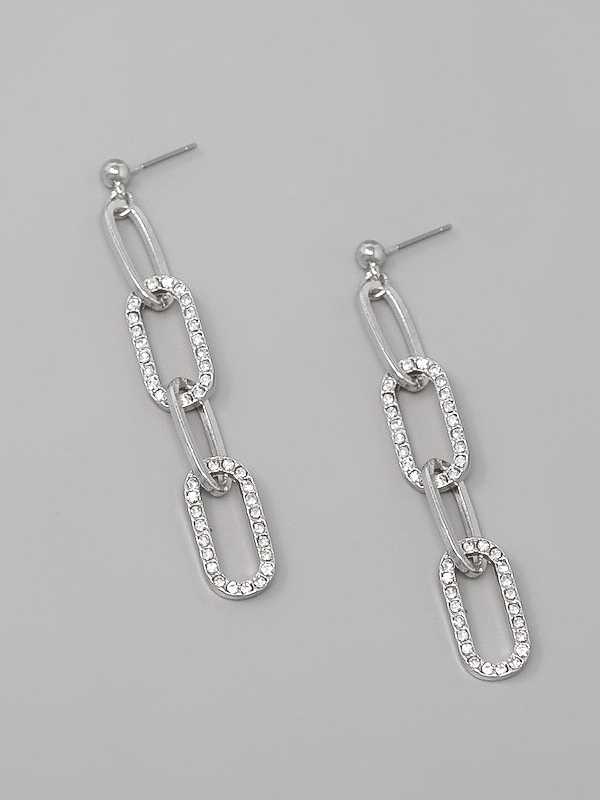 RHINESTONE PAVE LINKED DANGLE EARRINGS RHODIUM FRONT VIEW