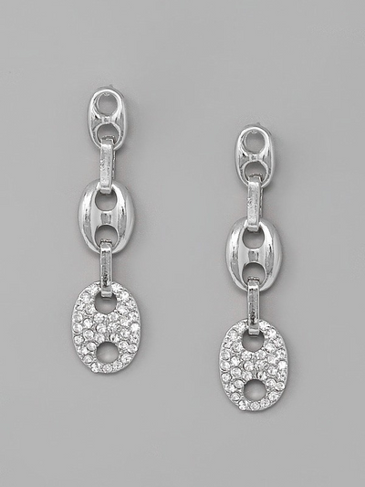 RHINESTONE PAVE MARINER LINK DANGLE EARRINGS RHODIUM CLEAR FRONT VIEW