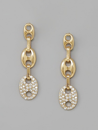 RHINESTONE PAVE MARINER LINK DANGLE EARRINGS GOLD CLEAR FRONT VIEW