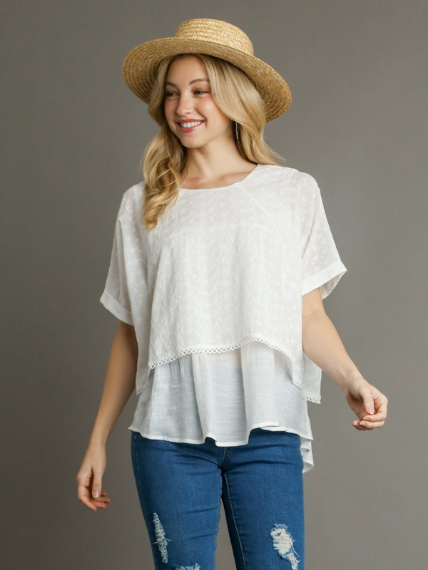 MODEL IN BABETTE EYELET TOP OFF WHITE FRONT VIEW