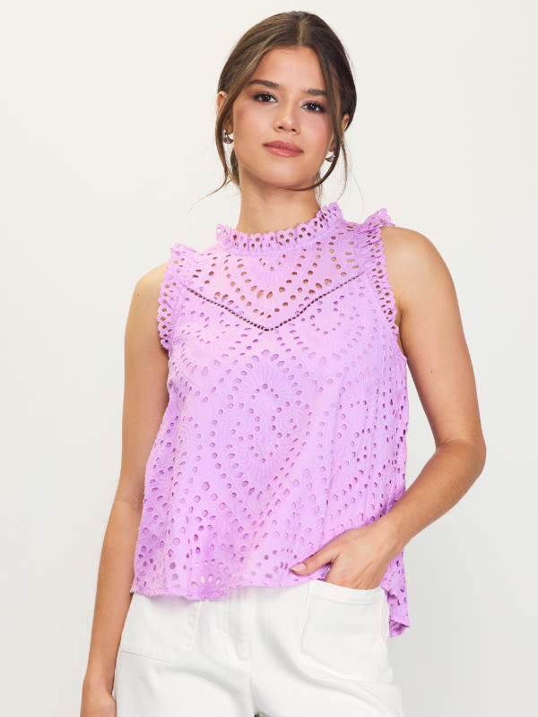 MODEL IN PINK LAVENDER LOST THE BREAKUP EYELET TOP FRONT VIEW
