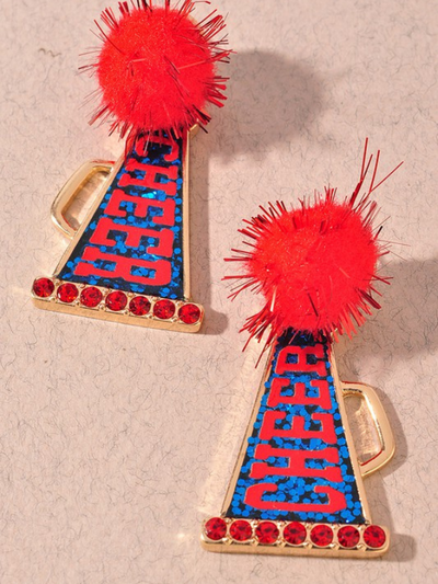 CHEER MEGAPHONE POST EARRINGS RED/BLUE FRONT VIEW