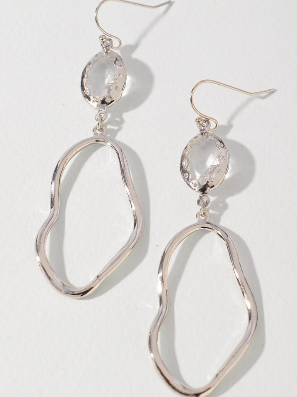 STONE OVAL DANGLE EARRINGS SILVER FRONT VIEW