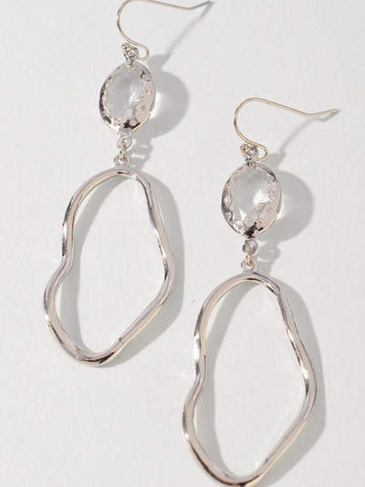 STONE OVAL DANGLE EARRINGS SILVER FRONT VIEW