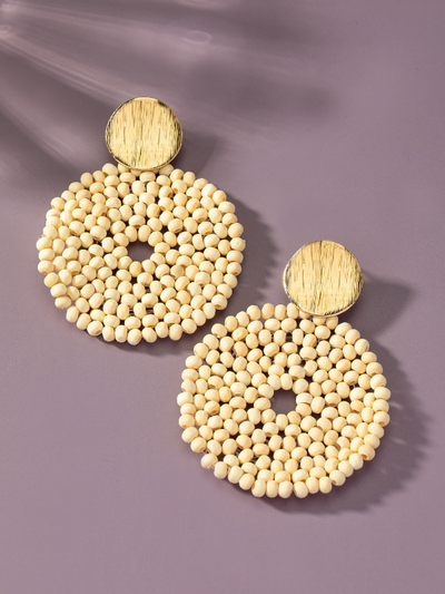 WOOD DISK DROP EARRINGS CREAM FRONT VIEW
