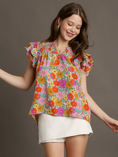MODEL IN PINK MIX BANJEE SPLIT FLORAL TOP FRONT VIEW