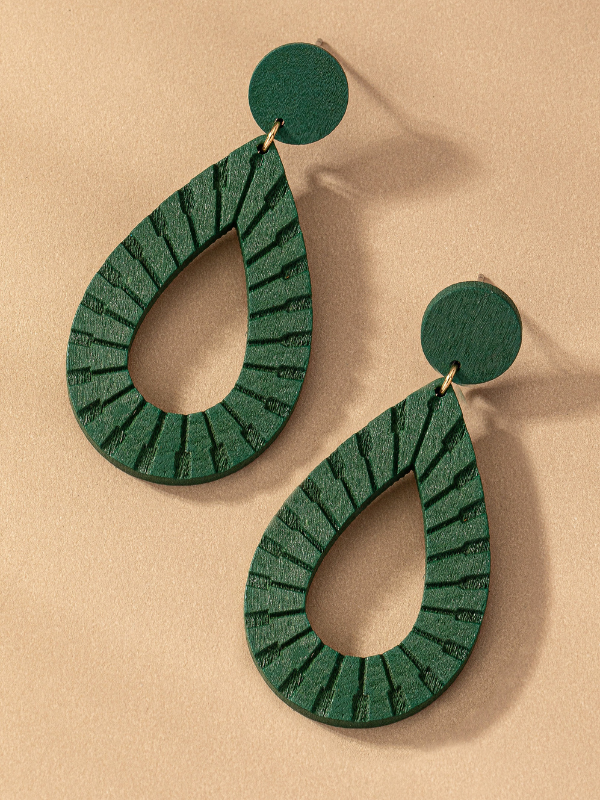ENGRAVED WOOD DROP EARRINGS GREEN FRONT VIEW