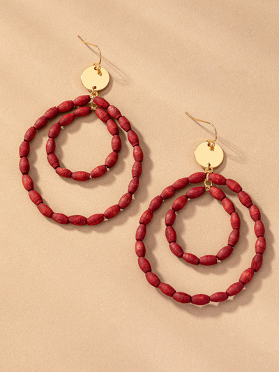 WOOD BEADED DOUBLE HOOP EARRING RUSTIC RED FRONT VIEW