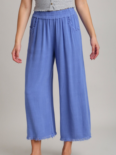 MODEL IN ORCHID BLUE SHANA WIDE LEG PANT FRONT VIEW