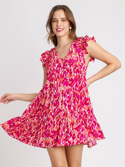 MODEL IN ABRIELLE A-LINE DRESS, MAGENTA FRONT VIEW