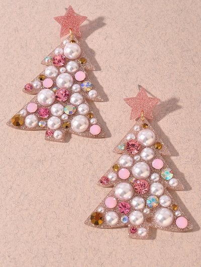 ACETATE CHRISTMAS TREE POST EARRINGS IN PINK FRONT VIEW