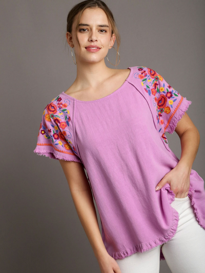 MODEL IN PINK MAUVE CATCH YOURSELF EMBROIDERED BLOUSE FRONT VIEW