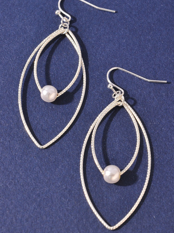 PEARL POINTED OVAL DANGLE EARRINGS SILVER FRONT VIEW