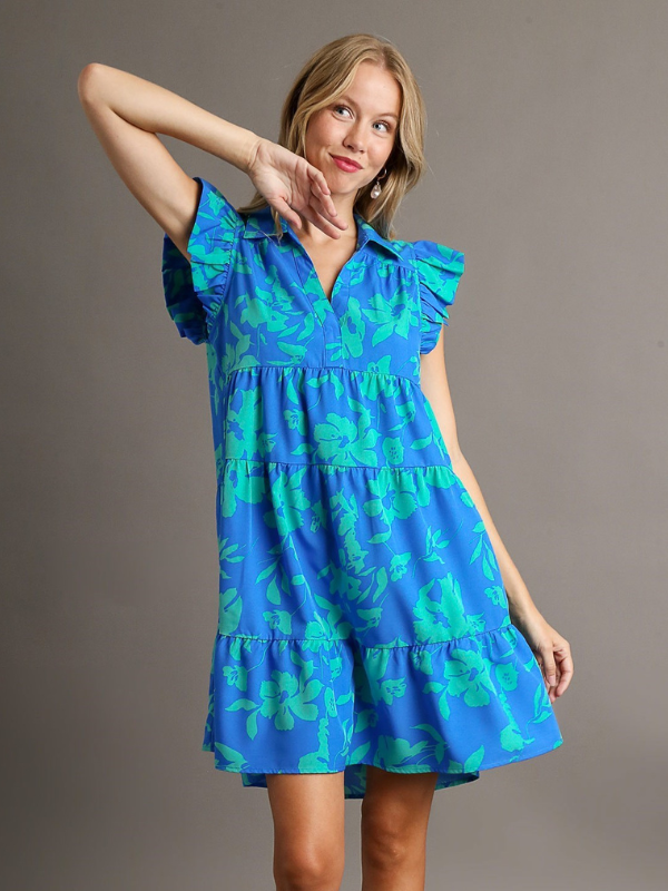 MODEL IN AZURE MIX BOUJEE GIRL RUFFLE SLEEVE DRESS FRONT VIEW
