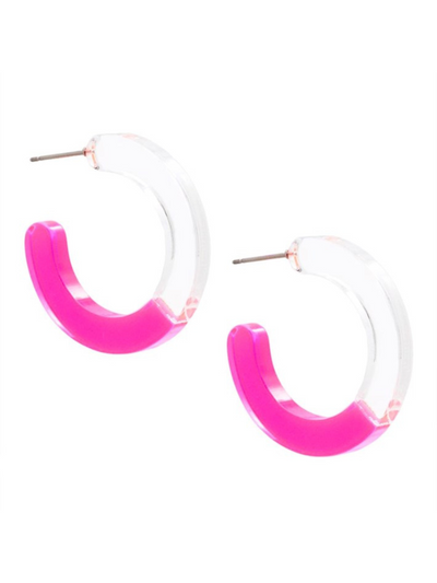 LUCITE TWO-TONE OPEN HOOP EARRING NEON PINK FRONT VIEW 