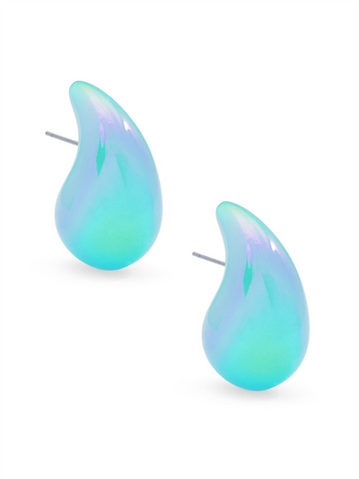 IRIDESCENT RESIN CRESCENT STUD EARRING BRIGHT BLUE FRONT VIEW'