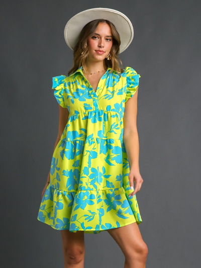 MODEL IN LIME MIX BOUJEE GIRL RUFFLE SLEEVE DRESS FRONT VIEW