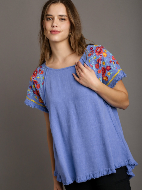 MODEL IN ORCHID BLUE CATCH YOURSELF EMBROIDERED BLOUSE FRONT VIEW