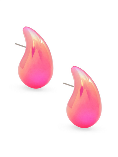 IRIDESCENT RESIN CRESCENT STUD EARRING NEON PINK FRONT VIEW