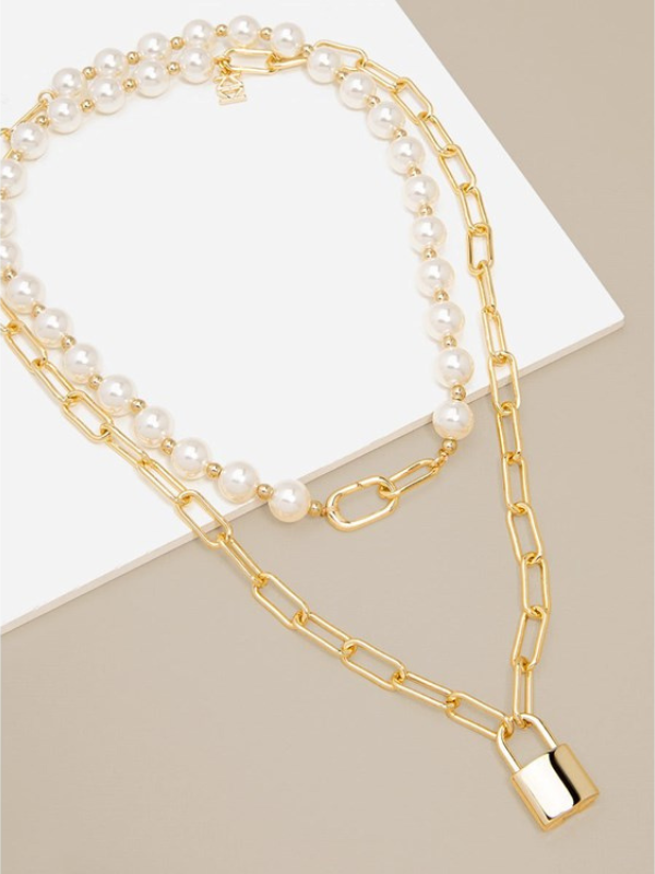 PEARL AND LINK GOLD LOCK NECKLACE - GOLD PEARL