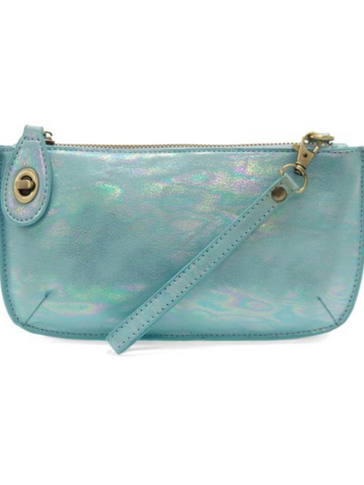 MINI CROSSBODY WRISTLET CLUTCH TURQOISE HOLOGRAPHIC FRONT VIEW