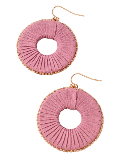 ROUND RAFFIA WRAPPED BEADED EDGE DANGLE EARRINGS PINK FRONT VIEW