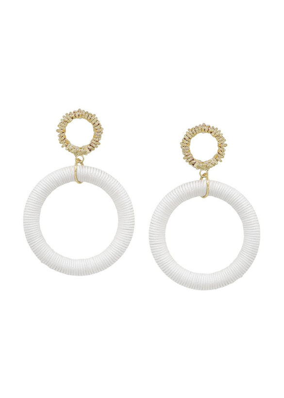 TEXTURED CIRCLE POST THREAD DROP EARRINGS WHITE FRONT VIEW