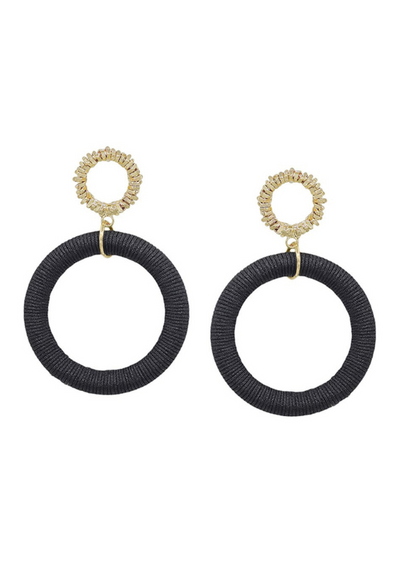 TEXTURED CIRCLE POST THREAD DROP EARRINGS BLACK FRONT VIEW