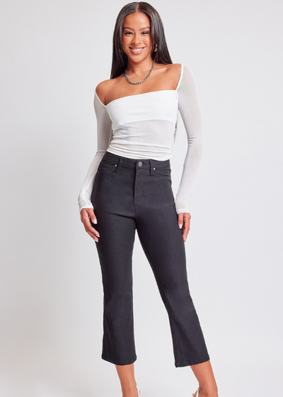 MODEL IN MAVE CROPPED KICK FLARE PANTS BLACK FRONT VIEW