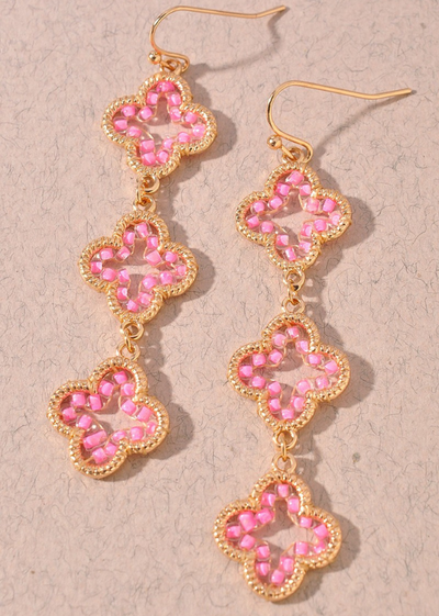 SEED BEADED CLOVER CHARM DANGLE EARRINGS PINK FRONT VIEW