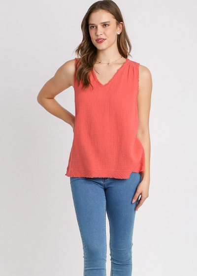 MODEL IN HADEENA HIGH LOW TOP CORAL FRONT VIEW