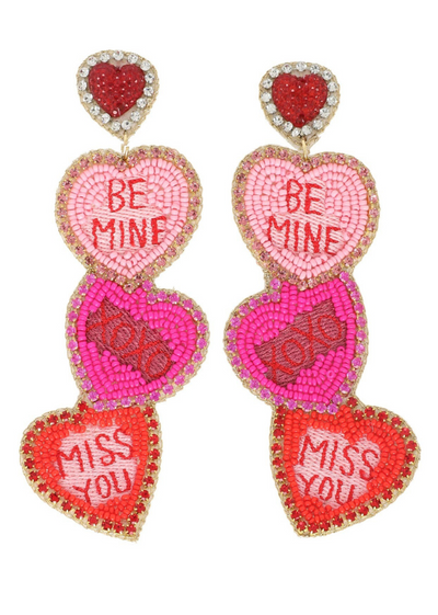CONVERSATION HEARTS BEADED EARRINGS FRONT VIEW