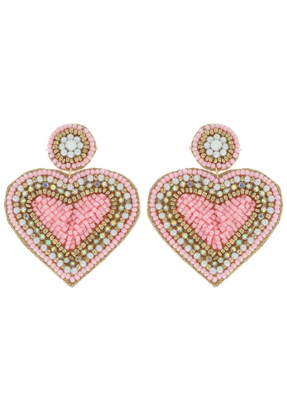 SEED BEADED HEART DROP EARRINGS LIGHT PINK FRONT VIEW