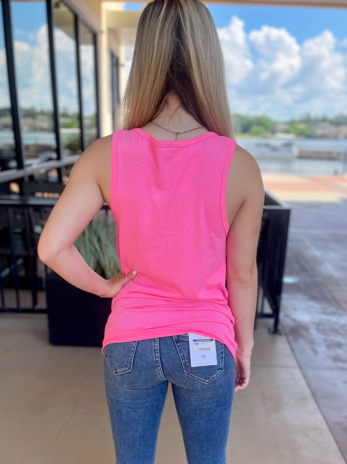 JENNA IN BEACH VIBES TANK TOP SAFETY PINK BACK VIEW