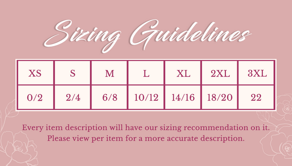 Sizing guidelines: XS=0/2 S=2/4 M=6/8 L=10/12 XL=14/16 2XL=18/20 3XL=22