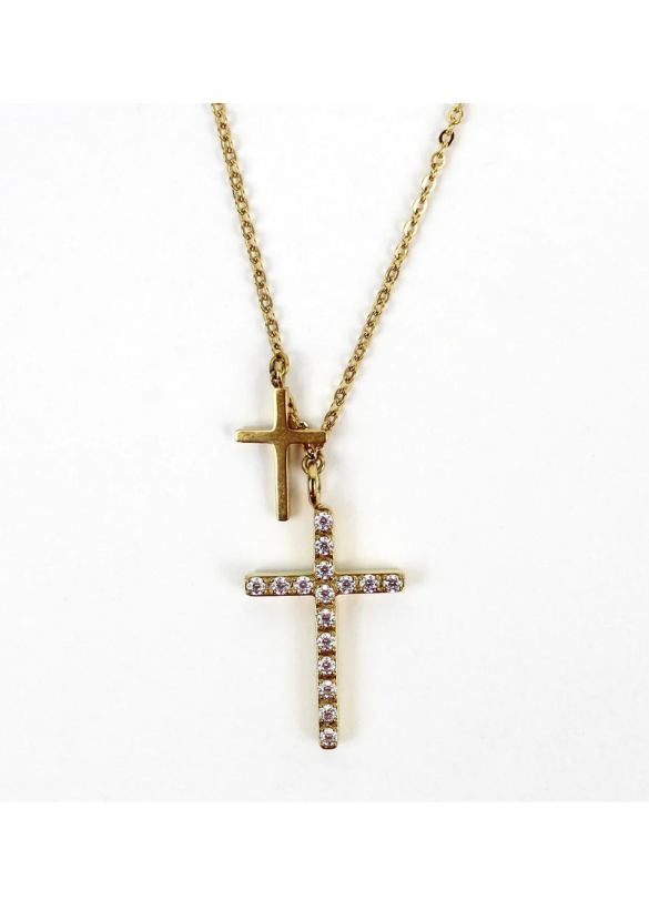 WALK BY FAITH 2 CROSSES NECKLACE WITH CZ STAINLESS STEEL GOLD PLATED 20"+1.5"