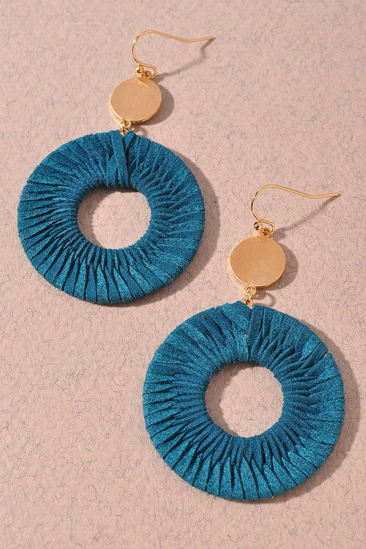 SUEDE WRAPPED CIRCLE DROP EARRINGS - TURQUOISE