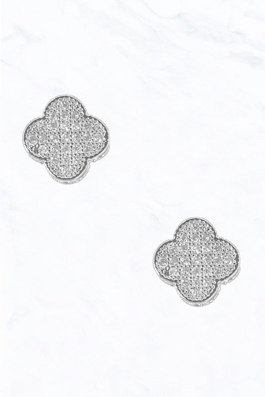 CLOVER WITH CZ POST EARRINGS - SILVER