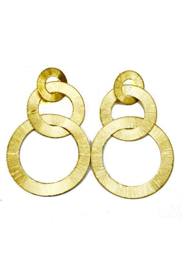 TRI CIRCLE FLAT BRUSHED EARRING - 18K GOLD PLATED