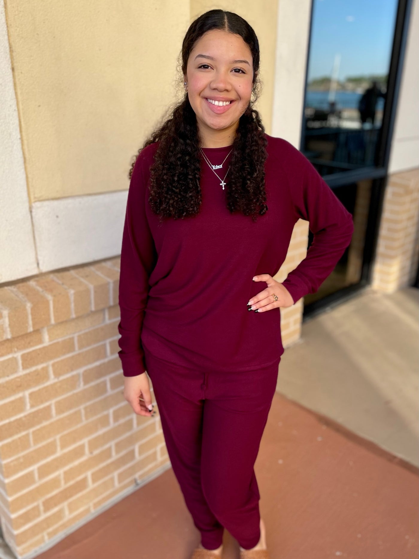 LEA FRENCH TERRY TOP AND ANKLE JOGGER SET - DARK BURGUNDY