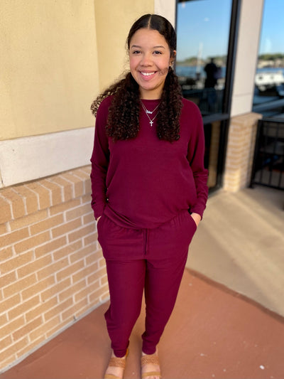 LEA FRENCH TERRY TOP AND ANKLE JOGGER SET - DARK BURGUNDY