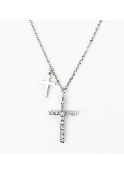 WALK BY FAITH 2 CROSS NECKLACE WITH CZ STAINLESS STEEL 20"+1.5"