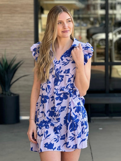 Lexi in lavender dress front view looking to the side