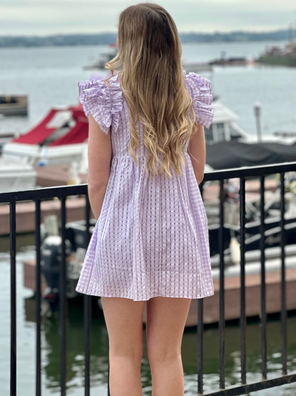 Lexie in lavender dress back view
